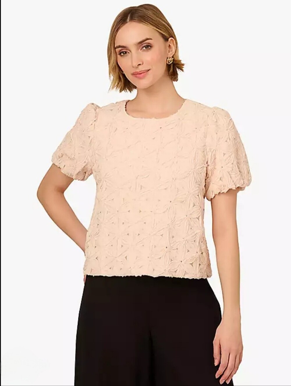 Adrianna Papell Floral Motif Crochet Texture Crew Neck Woven Shirt In Cream
